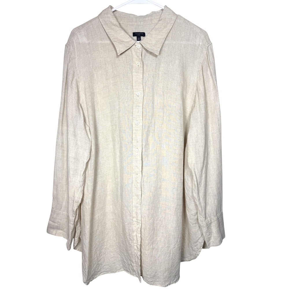 Talbots Plus Women Linen Button Down Shirt 2X Beige Solid Long Sleeve Tunic Top